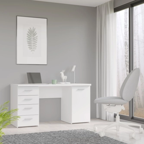 Białe biurko 145x60 cm z 4 szufladami i szafką